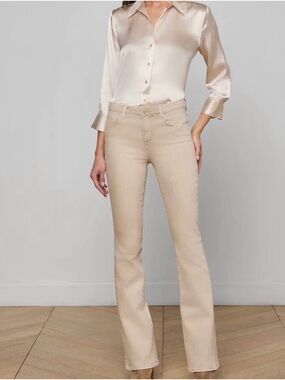 Chic Cream Satin Blouse & Beige Flared Jeans